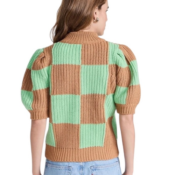 NWT English Factory Mint Green Tan Check Plaid Puff Sleeve Crop Sweater - XS - Picture 2 of 16